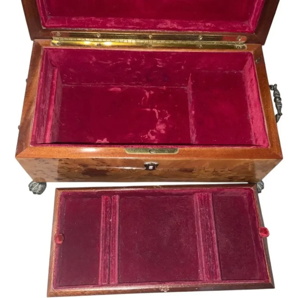 Pristine Italian Inlayed Wood Music Box 2 Level Jewelry Box Plays Isle Of Capri